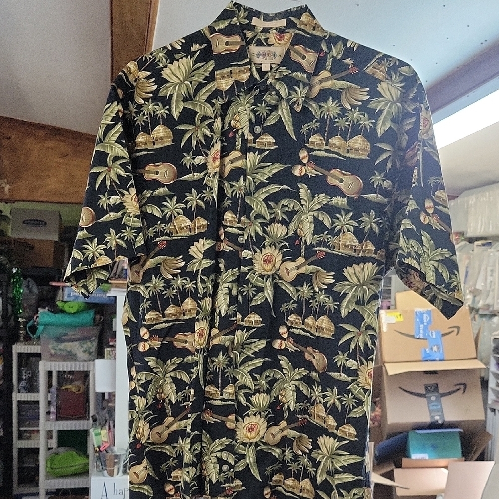 Campia Black Tropical Print Short Sleeve Shirt Large